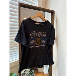 Aerosmith Deuces Are Wild Graphic Print‎ T-Shirt Band Rock Roll Black Acid Wash